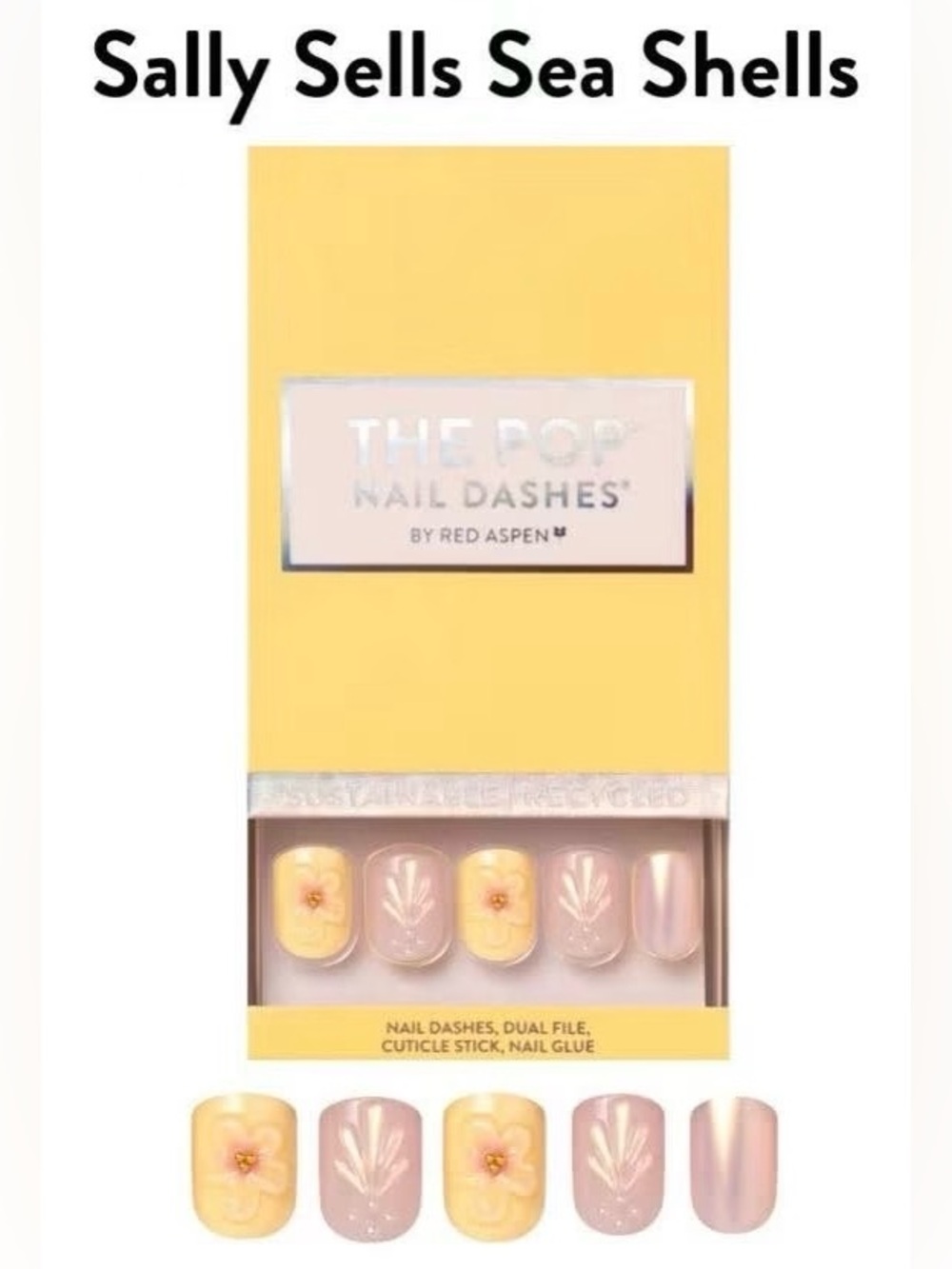 Red Aspen Sally Sells Seashells Short Square Press On Nail Dashes Floral Pearl